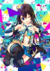 Rule 34 | 1girl, ;d, aqua eyes, black pantyhose, black thighhighs, blurry, bow, brown hair, checkered floor, crown, depth of field, highres, hisakawa haru, long hair, mini crown, one eye closed, open mouth, original, pantyhose, puffy sleeves, smile, solo, thighhighs, triangle