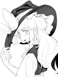 Rule 34 | 1girl, bow, braid, frogsnake, greyscale, hat, hat bow, hat ribbon, hat tip, kirisame marisa, long hair, looking at viewer, monochrome, open mouth, ribbon, side braid, simple background, single braid, smile, solo, touhou, upper body, vest, waistcoat, wavy hair, white background, witch hat