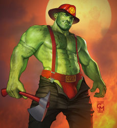 Rule 34 | 1boy, abs, absurdres, arm tattoo, axe, bara, beard, black pants, bulge, celeryman, chest hair, colored skin, dirty, dirty face, facial hair, fangs, fire, firefighter, from below, full moon, green skin, hard hat, helmet, highres, holding, holding axe, jockstrap, large pectorals, looking at viewer, male focus, male underwear, mature male, monster boy, moon, muscular, muscular male, navel, navel hair, nipples, open pants, orc, original, pants, pectorals, red male underwear, topless male, short hair, solo, stomach, stubble, suspenders, tattoo, underwear, veins
