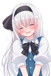 Rule 34 | 1girl, alternate hair length, alternate hairstyle, black bow, black bowtie, black hairband, black ribbon, blue dress, blush, bow, bowtie, buttons, closed eyes, collared shirt, commentary request, dress, flying sweatdrops, grey hair, grey shirt, hair between eyes, hairband, highres, konpaku youmu, long hair, open mouth, otowa (otoha4634), puffy short sleeves, puffy sleeves, ribbon, shirt, short sleeves, simple background, smile, solo, standing, tongue, touhou, white background