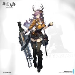 Rule 34 | 1girl, animal ears, antlers, arknights, bag, black skirt, black thighhighs, boots, breasts, cleavage, coldshot (arknights), company name, copyright name, cup, deer antlers, deer ears, green eyes, gun, hair over one eye, highres, holding, holding cup, horns, large breasts, long hair, mag (mag42), official art, purple hair, shirt, shoulder bag, skirt, solo, tachi-e, thighhighs, very long hair, weapon, yellow shirt
