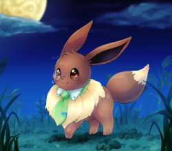 Rule 34 | animal focus, artist name, blue sky, blush, brown eyes, brown sclera, closed mouth, clothed pokemon, cloud, colored sclera, creatures (company), detached collar, eevee, fluffy, from side, full body, full moon, fur collar, game freak, gen 1 pokemon, gradient sky, grass, green necktie, happy, highres, ka ei volltis, monocle, moon, necktie, night, nintendo, no humans, outdoors, pokemon, pokemon (creature), signature, sky, smile, solo, standing, tie clip, yellow-framed eyewear