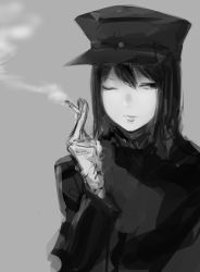 Rule 34 | 10s, 1girl, absurdres, akitsu maru (kancolle), cigarette, commentary request, faux traditional media, female focus, gloves, greyscale, hair between eyes, hat, highres, hometa, kantai collection, looking to the side, military, military hat, military uniform, monochrome, one eye closed, peaked cap, smoke, solo, uniform