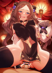 Rule 34 | 1boy, 1girl, bare shoulders, black dress, black thighhighs, blue eyes, blush, breasts, brown hair, censored, china dress, chinese clothes, cleavage cutout, clothed female nude male, clothing cutout, covered erect nipples, cowgirl position, detached sleeves, double bun, dress, fate/grand order, fate (series), flower, forehead, girl on top, gluteal fold, gold trim, guided penetration, hair bun, hair flower, hair ornament, hairclip, hetero, highres, leonardo da vinci (fate), leonardo da vinci (fate/grand order), leonardo da vinci (rider) (fate), licking lips, long hair, looking at viewer, m-da s-tarou, no panties, nude, open mouth, parted bangs, pelvic curtain, penis, pov, sex, short dress, side slit, small breasts, smile, spread legs, straddling, sweat, tassel, thighhighs, thighs, tongue, tongue out, vaginal