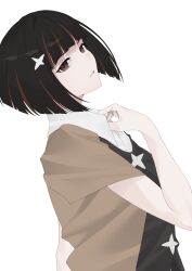 Rule 34 | 1girl, arril100, black eyes, black hair, black vest, brown jacket, dutch angle, from side, highres, jacket, looking to the side, monogatari (series), oshino ougi, parted lips, shirt, short hair, simple background, solo, vest, white background, white shirt