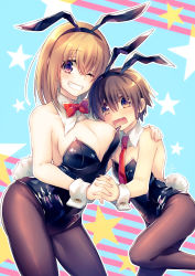 Rule 34 | 1boy, 1girl, age difference, animal ears, blue background, blush, bow, bowtie, breasts, cheek-to-breast, cheek squash, child, cleavage, crossdressing, detached collar, fake animal ears, grin, hairband, hand on another&#039;s shoulder, highres, holding hands, large breasts, leotard, natsuki yuka, necktie, one eye closed, onee-shota, original, pantyhose, playboy bunny, purple eyes, rabbit ears, rabbit tail, red bow, red bowtie, red necktie, smile, star (symbol), starry background, striped, striped background, tail, wavy mouth, wrist cuffs