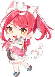 Rule 34 | 1girl, animal, animal ear fluff, animal ears, animal on head, artist request, cardigan, cat, cat ears, chibi, dress, earbuds, earphones, earrings, flower earrings, full body, goodbye, highres, hololive, hololive china, jewelry, looking at viewer, mouse (animal), on head, open cardigan, open clothes, open mouth, pink cardigan, ponytail, red hair, smile, socks, solo, transparent background, virtual youtuber, white dress, white socks, yellow eyes, yogiri (hololive)