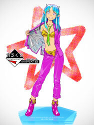 Rule 34 | 1girl, animal print, blue hair, bra, buttons, character name, copyright name, eyelashes, full body, green necktie, high heels, highres, horns, jacket, lum, multicolored eyes, navel, necktie, open clothes, open fly, open jacket, panties, pants, pointy ears, purple footwear, purple jacket, purple pants, purple socks, socks, standing, star (symbol), sukocchi moruto, tiger print, translation request, underwear, urusei yatsura