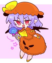 Rule 34 | 1girl, ascot, bat wings, bow, candy, collared shirt, fang, food, frilled shirt collar, frilled skirt, frilled sleeves, frills, full body, hat, hat ribbon, highres, holding, holding candy, holding food, holding lollipop, light purple hair, lollipop, mob cap, op na yarou, orange hat, orange shirt, orange skirt, pink background, puffy short sleeves, puffy sleeves, pumpkin skirt, red eyes, remilia scarlet, ribbon, shirt, short hair, short sleeves, skirt, skirt set, smile, solo, swirl lollipop, touhou, waist bow, white background, wings, wrist cuffs, yellow ascot, yellow bow, yellow footwear, yellow ribbon