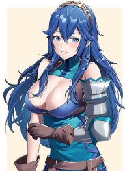 Rule 34 | 1girl, alternate breast size, alternate costume, ameno (a meno0), arm armor, armor, bare shoulders, blue eyes, blue hair, border, breasts, brown gloves, cleavage, fire emblem, fire emblem awakening, gloves, large breasts, long hair, looking at viewer, lucina (fire emblem), mismatched pupils, nintendo, parted lips, smile, solo, tiara, upper body, wavy hair, white border