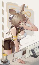 Rule 34 | 1girl, absurdres, adjusting eyewear, animal ears, arknights, arm support, bare arms, bare shoulders, beancake, bespectacled, breasts, cleavage, commentary request, dorothy (arknights), glasses, grey eyes, grey hair, hair between eyes, highres, large breasts, leaning forward, looking at viewer, rhine lab logo, sleeveless, solo, standing