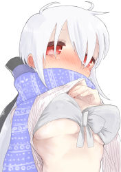 Rule 34 | 1girl, ahoge, bad id, bad pixiv id, bikini, bikini top only, blush, breasts, cleavage, clothes lift, covered mouth, highres, lifting own clothes, long hair, looking at viewer, ponytail, red eyes, ribbon, scarf, silver hair, solo, sweater, sweater lift, swimsuit, very long hair, vocaloid, we53 (wagnar), yowane haku