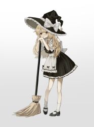 Rule 34 | 1girl, apron, back bow, black hat, black skirt, black vest, blonde hair, bow, braid, broom, closed mouth, frilled apron, frilled headwear, frilled skirt, frills, full body, gradient background, grey background, guiuiuiui, hashtag-only commentary, hat, hat bow, highres, holding, holding broom, kirisame marisa, leaning on broom, long hair, looking at viewer, short sleeves, single braid, skirt, socks, solo, touhou, very long hair, vest, white apron, white background, white bow, white socks, witch hat, yellow eyes