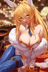 Rule 34 | 1girl, absurdres, ahoge, artoria pendragon (all), artoria pendragon (fate), artoria pendragon (swimsuit ruler) (fate), bare shoulders, between fingers, blue pantyhose, blurry, blurry background, blush, braid, breasts, card, casino, chair, collarbone, crown braid, detached collar, fate/grand order, fate (series), feather boa, gold trim, green eyes, highres, holding, holding card, large breasts, leaning to the side, leotard, lips, long hair, looking at viewer, necktie, official alternate costume, on table, pantyhose, parted lips, playboy bunny, ponytail, short necktie, sidelocks, sitting, solo, table, thigh strap, white leotard, wrist cuffs, yoshimoto (carpsukidayo)