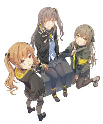 Rule 34 | armband, artist request, boots, brown hair, fingerless gloves, girls&#039; frontline, gloves, grey hair, grin, hood, hooded jacket, jacket, looking at viewer, pantyhose, red eyes, scar, scar across eye, scar on face, shoes, siblings, side ponytail, sisters, smile, sneakers, twins, twintails, ump40 (girls&#039; frontline), ump45 (girls&#039; frontline), ump9 (girls&#039; frontline), v, yellow eyes