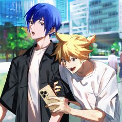 Rule 34 | 2boys, blonde hair, blue eyes, blue hair, blurry, blurry background, bright pupils, building, hair between eyes, highres, holding, holding another&#039;s arm, holding phone, kagamine len, kaito (vocaloid), looking at another, looking at phone, male focus, multiple boys, nail polish, open clothes, open mouth, open shirt, outdoors, phone, shirt, short hair, sidelighting, spiked hair, sunlight, tetorutti35, tree, upper body, vocaloid, white shirt, yellow nails