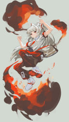 Rule 34 | 1girl, absurdres, adapted costume, baggy pants, blunt bangs, bow, breasts, closed mouth, clynxen, commentary, fire, floating hair, fujiwara no mokou, full body, grey background, hair bow, highres, hime cut, jumping, long hair, looking at viewer, medium breasts, necktie, ofuda, ofuda on clothes, pants, red eyes, red necktie, red pants, serious, shirt, shoes, short sleeves, sidelocks, smoke, sneakers, solo, suspenders, touhou, very long hair, white bow, white footwear, white hair, white shirt