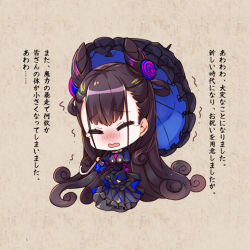 Rule 34 | 1girl, black dress, black umbrella, blush, breasts, brown hair, chibi, closed eyes, cone hair bun, dress, fate/grand order, fate (series), frilled umbrella, frills, full body, hair bun, hair ornament, holding, holding umbrella, jin young-in, juliet sleeves, large breasts, long hair, long sleeves, murasaki shikibu (fate), nose blush, open mouth, puffy sleeves, solo, tears, translation request, trembling, two side up, umbrella, very long hair, wavy mouth, wide sleeves