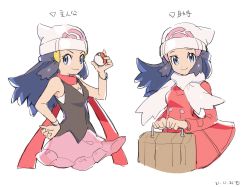 Rule 34 | 1girl, bad id, bad twitter id, beanie, black hair, bracelet, brown bag, closed mouth, coat, commentary request, creatures (company), dated, dawn (pokemon), eyelashes, game freak, grey eyes, hair ornament, hairclip, hand on own hip, hand up, hat, highres, holding, holding poke ball, jewelry, long hair, long sleeves, multiple views, nintendo, petoke, pink skirt, poke ball, poke ball (basic), pokemon, pokemon dppt, pokemon platinum, red coat, red scarf, scarf, shirt, simple background, skirt, sleeveless, sleeveless shirt, smile, white background, white headwear, white scarf