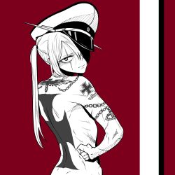 Rule 34 | 1girl, anchor tattoo, back tattoo, character request, closed mouth, cross, from behind, hand on own hip, hat, highres, iron cross, kantai collection, looking at viewer, looking back, monochrome, nazi, nude, peaked cap, red background, red theme, sanpaku, scar, scar across eye, scar on face, solo, tattoo, tocky, upper body