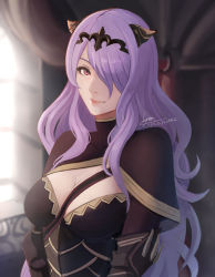 Rule 34 | 1girl, black capelet, breasts, camilla (fire emblem), capelet, circlet, cleavage, closed mouth, cm lynarc, fire emblem, fire emblem fates, hair over one eye, highres, indoors, large breasts, long hair, looking at viewer, nintendo, purple hair, red eyes, signature, smile, solo, upper body, very long hair