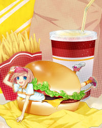 Rule 34 | 1girl, :d, blue eyes, brown hair, burger, cheese, cup, drink, drinking straw, food, french fries, in food, lettuce, mini person, minigirl, open mouth, original, r/k, smile, solo, tomato, visor, visor cap, wrapper, wristband