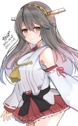 Rule 34 | 1girl, 9610 (kuroto), absurdres, artist name, black hair, brown eyes, dated, detached sleeves, hair ornament, hairband, hairclip, haruna (kancolle), haruna kai ni (kancolle), headgear, highres, japanese clothes, kantai collection, long hair, one-hour drawing challenge, popped collar, red skirt, ribbon-trimmed sleeves, ribbon trim, simple background, skirt, solo, twitter username, white background