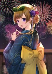 Rule 34 | 1girl, blue kimono, bow, brown hair, commentary request, fireworks, flower, gakuon (gakuto), green bow, hair bow, hair bun, hair flower, hair ornament, japanese clothes, kimono, long sleeves, looking at viewer, looking back, medium hair, nape, night, night sky, open mouth, original, outdoors, purple eyes, purple flower, red flower, sash, sky, solo, upper body, virtual youtuber, wide sleeves, yellow bow, yellow sash, yukata