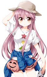 Rule 34 | 1girl, adapted costume, breasts, brown eyes, clothes around waist, expressionless, hand on headwear, hat, hata no kokoro, holding, holding mask, long hair, looking at viewer, mask, ruu (tksymkw), shapes, shirt, shirt around waist, short shorts, shorts, simple background, solo, t-shirt, touhou, very long hair, white background