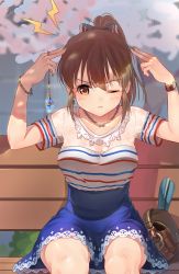Rule 34 | 10s, 1girl, ;(, arms up, bag, bench, black bow, blue skirt, bow, bracelet, breasts, cherry blossoms, closed mouth, collarbone, floral print, hair between eyes, hair bow, handbag, high-waist skirt, highres, hori yuuko, idolmaster, idolmaster cinderella girls, jewelry, kamille (vcx68), lace, lace-trimmed skirt, lace trim, lightning bolt symbol, long hair, medium breasts, nail polish, necklace, one eye closed, outdoors, pendulum, ponytail, see-through, shadow, shirt, short sleeves, sidelocks, sitting, skirt, solo, striped clothes, striped shirt, tree, watch, wristwatch, yellow nails