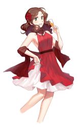 Rule 34 | 1girl, alternate costume, brown hair, cup, dorothea arnault, dress, drinking glass, fire emblem, fire emblem: three houses, flower, green eyes, gummy (puffaluficus), hair flower, hair ornament, highres, holding, holding cup, jewelry, long hair, necklace, nintendo, parted lips, red dress, simple background, solo, white background, wine glass