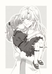 Rule 34 | 2girls, age difference, aged down, bare legs, blush, carrying, child, dress, hair bobbles, hair ornament, highres, hug, kiss, long hair, monochrome, mother and daughter, multiple girls, neon genesis evangelion, simple background, soryu kyouko zeppelin, souryuu asuka langley, sundress, unihotate0329
