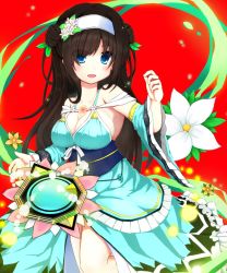Rule 34 | 1girl, :d, blue dress, blue eyes, breasts, brown hair, cleavage, detached sleeves, double bun, dress, flower, gota442, hair flower, hair ornament, hairband, large breasts, long hair, magatama, open mouth, red background, rinne (sennen sensou aigis), sennen sensou aigis, smile, solo, standing, wide sleeves