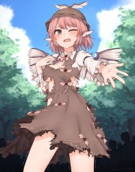Rule 34 | 1girl, animal ears, bird ears, bird wings, blush, breasts, brown dress, brown eyes, brown hat, commentary request, commission, cowboy shot, day, dress, earrings, fingernails, hat, highres, jewelry, long fingernails, long sleeves, medium breasts, miyo (ranthath), mystia lorelei, nail polish, one eye closed, open mouth, pink hair, purple nails, sharp fingernails, short hair, signature, skeb commission, solo focus, tears, torn clothes, torn dress, touhou, twitter username, white wings, winged hat, wings