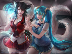 Rule 34 | 2girls, ahri (league of legends), alternate costume, black hair, blue hair, breasts, cleavage, fox ears, fox tail, large breasts, league of legends, multiple girls, multiple tails, realistic, sakimichan, school uniform, sona (league of legends), tail, twintails