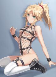 Rule 34 | 1girl, belt, black footwear, blonde hair, braid, breasts, fate/apocrypha, fate (series), fishnet leotard, green eyes, half up braid, highres, long hair, looking at viewer, mordred (fate), mordred (fate/apocrypha), parted bangs, ponytail, revealing clothes, shoes, sidelocks, small breasts, sneakers, solo, thighhighs, tonee, white thighhighs
