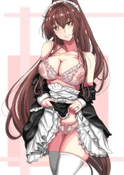 Rule 34 | 1girl, absurdres, alternate costume, beige bra, beige panties, black dress, bra, breasts, brown eyes, brown hair, cherry blossoms, cleavage, clothes lift, commentary request, dress, dress lift, enmaided, frilled bra, frills, highres, kantai collection, ken (shutenndouji1), large breasts, lifted by self, long hair, looking at viewer, maid, maid headdress, parted lips, ponytail, solo, thighhighs, underwear, very long hair, white thighhighs, yamato (kancolle)