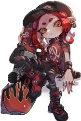 Rule 34 | 1girl, arm out of sleeve, baseball cap, black choker, black hat, black jacket, black leggings, blaster (splatoon), blush, boots, breasts, choker, clothes writing, collarbone, ear chain, ear piercing, earrings, eyebrow cut, female focus, flame print, forehead, full body, hand up, hat, highres, holding, holding weapon, invisible chair, jacket, jewelry, knee up, leggings, long sleeves, looking at viewer, medium hair, multiple earrings, multiple rings, nail polish, nintendo, octoling, octoling girl, octoling player character, open clothes, open jacket, open mouth, piercing, red footwear, red hair, red nails, red shirt, ring, shirt, short sleeves, sidelocks, simple background, sitting, skindentation, small breasts, solo, splatoon (series), stud earrings, studded bracelet, studded choker, suction cups, tentacle hair, tentacles, tied shirt, torn clothes, torn leggings, triangle earrings, weapon, white background, yellow eyes, yksb inc6, zipper, zipper pull tab