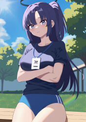 Rule 34 | 1girl, absurdres, ass, bench, black shirt, blue archive, blue buruma, blue sky, blurry, buruma, cloud, cloudy sky, commentary request, crossed arms, depth of field, facial tattoo, forehead, grass, gym shirt, gym uniform, halo, highres, id card, lanyard, long hair, looking at viewer, official alternate costume, official alternate hairstyle, on bench, outdoors, park bench, parted bangs, pogeepoge, ponytail, purple eyes, purple hair, rainbow, shirt, short sleeves, sidelocks, sitting, sky, solo, star tattoo, tattoo, thick thighs, thighs, yuuka (blue archive), yuuka (track) (blue archive)