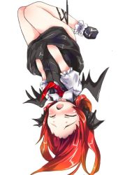 Rule 34 | 1girl, ankle cuffs, bare legs, black footwear, black skirt, black vest, black wings, blush, bound, bound legs, closed eyes, commentary request, covering crotch, covering privates, demon wings, forehead, full body, head wings, koakuma, long hair, necktie, open mouth, oshiruko (uminekotei), puffy short sleeves, puffy sleeves, red hair, red necktie, shirt, shoes, short sleeves, simple background, skirt, skirt tug, solo, touhou, upside-down, vest, white background, white shirt, wings