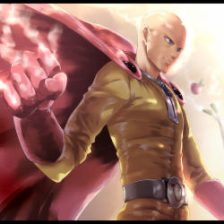 Rule 34 | 1boy, bald, belt, cape, clenched hand, food, from side, gloves, letterboxed, long sleeves, male focus, one-punch man, red cape, red gloves, saitama (one-punch man), solo, spring onion, tomato, viola (seed), zipper