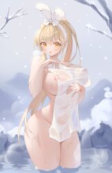 Rule 34 | 1girl, absurdres, animal ears, ayanami (azur lane), blonde hair, blush, breasts, cleft of venus, fake animal ears, highres, large breasts, looking at viewer, naked towel, navel, nipples, onsen, original, partially submerged, ponytail, pussy, rabbit ears, see-through, snow, solo, steam, tongue, tongue out, towel, water, yellow eyes, zzo (chorizzzzo)