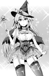 Rule 34 | 1girl, :o, alternate costume, animal ears, blouse, bow, bowtie, breasts, cape, corset, cowboy shot, dress, ears through headwear, elbow gloves, expressionless, garter straps, gloves, greyscale, halloween, halloween costume, hat, hata no kokoro, jack-o&#039;-lantern, kemonomimi mode, lace, lace-trimmed legwear, lace trim, long hair, looking at viewer, magical girl, medium breasts, miniskirt, monochrome, plaid, plaid skirt, puffy short sleeves, puffy sleeves, shirt, short sleeves, sidelocks, skirt, solo, thighhighs, touhou, wand, witch hat, y2