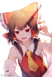 Rule 34 | 1girl, artist name, bare shoulders, bow, brown hair, collar, detached sleeves, dress, hair between eyes, hair tubes, hakurei reimu, hand up, highres, jill 07km, light, long sleeves, open mouth, red bow, red dress, red eyes, shadow, short hair, simple background, solo, touhou, white background, white collar, white sleeves, yellow neckwear