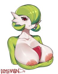 Rule 34 | 1girl, arms at sides, artist name, blush, bob cut, breasts, closed mouth, collarbone, colored skin, creatures (company), doylemon, fang, fang out, female focus, game freak, gardevoir, gen 3 pokemon, green hair, green shirt, hair over one eye, half-closed eyes, huge breasts, looking at viewer, nintendo, nipple piercing, nipple slip, nipples, one eye covered, piercing, pokemon, pokemon (creature), shiny skin, shirt, short hair, signature, simple background, solo, upper body, white background, white skin