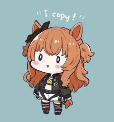 Rule 34 | 0 0, 1girl, :&gt;, animal ears, black footwear, black ribbon, black thighhighs, blue background, blush stickers, bow, brown hair, chibi, commentary request, crop top, dog tags, ear ribbon, english text, full body, green jacket, horse ears, horse girl, horse tail, jacket, long hair, long sleeves, mayano top gun (umamusume), midriff, nozo (hitomiz), open clothes, open jacket, parted lips, puffy long sleeves, puffy sleeves, ribbon, shirt, shoes, short shorts, shorts, simple background, sleeves past wrists, solo, standing, tail, thighhighs, triangle mouth, two side up, umamusume, very long hair, white shorts, yellow shirt