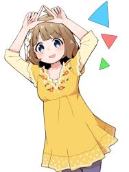 Rule 34 | 1girl, :d, arms up, blue eyes, blush, brown hair, brown shirt, dress, dutch angle, flower, hair flower, hair ornament, idolmaster, idolmaster million live!, looking at viewer, open mouth, pantyhose, purple pantyhose, shirt, short sleeves, simple background, sleeveless, sleeveless dress, smile, solo, suou momoko, tadanoshi kabane, v-shaped eyebrows, white background, white flower, yellow dress
