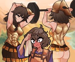 Rule 34 | 3girls, arm over head, armor, arms up, ass, bare arms, bare shoulders, blue shirt, blurry, blurry background, braid, breasts, brown hair, brown skirt, centurii-chan (artist), character request, covered abs, exercise, from behind, hair between eyes, highres, holding, holding towel, large breasts, long hair, medium hair, multiple girls, muscular, muscular female, original, pleated skirt, shirt, skirt, spartan, sweat, towel, training, wavy mouth, weightlifting