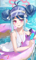 1girl antenna_hair ass bare_arms bare_shoulders blue_archive blue_hair blush breasts dema_hmw double_bun fubuki_(blue_archive) fubuki_(swimsuit)_(blue_archive) grey_hair hair_bun halo highres innertube looking_at_viewer multicolored_hair official_alternate_costume one-piece_swimsuit open_mouth pink_halo pool red_eyes revision school_swimsuit short_hair small_breasts smile solo swim_ring swimsuit water wet whistle whistle_around_neck white_one-piece_swimsuit