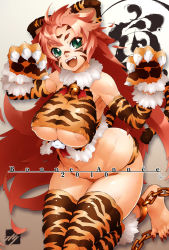 Rule 34 | 1girl, animal ears, animal hands, animal print, bell, breasts, chain, cuffs, ebine, elbow gloves, facial mark, fang, french text, gloves, green eyes, highres, jingle bell, large breasts, long hair, muscular, navel, new year, open mouth, original, pink hair, solo, tail, thighhighs, tiger ears, tiger print, tiger tail, underboob